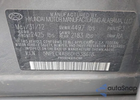 2013 Hyundai Sonata Se 2.0T z USA, uszkodzony, nr VIN 5NPEC4AB6DH538618